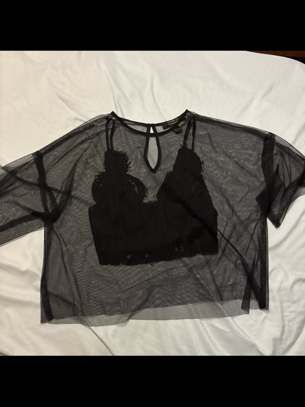 Forever 21 Black Sheer Mesh Crop Top with Lace Bralette